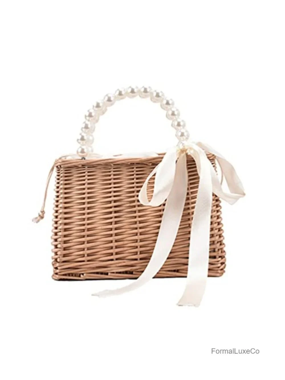 Woven Straw Pearl Handle Drawstring Tote Beach Handbag Women